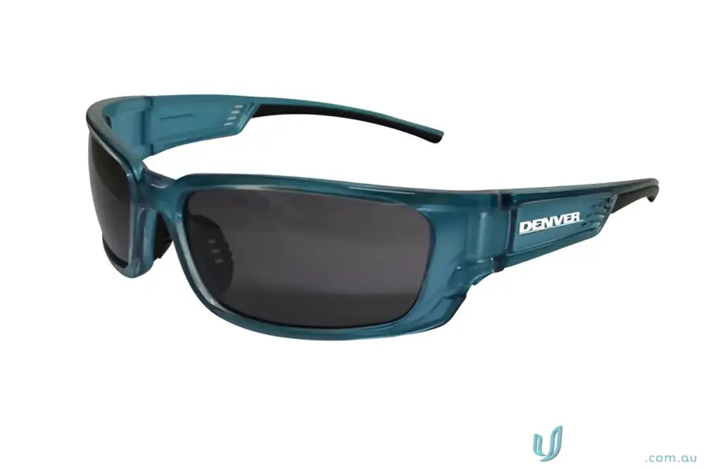 Blue frame safety glasses with smoke dark lenses for stylish eye protection