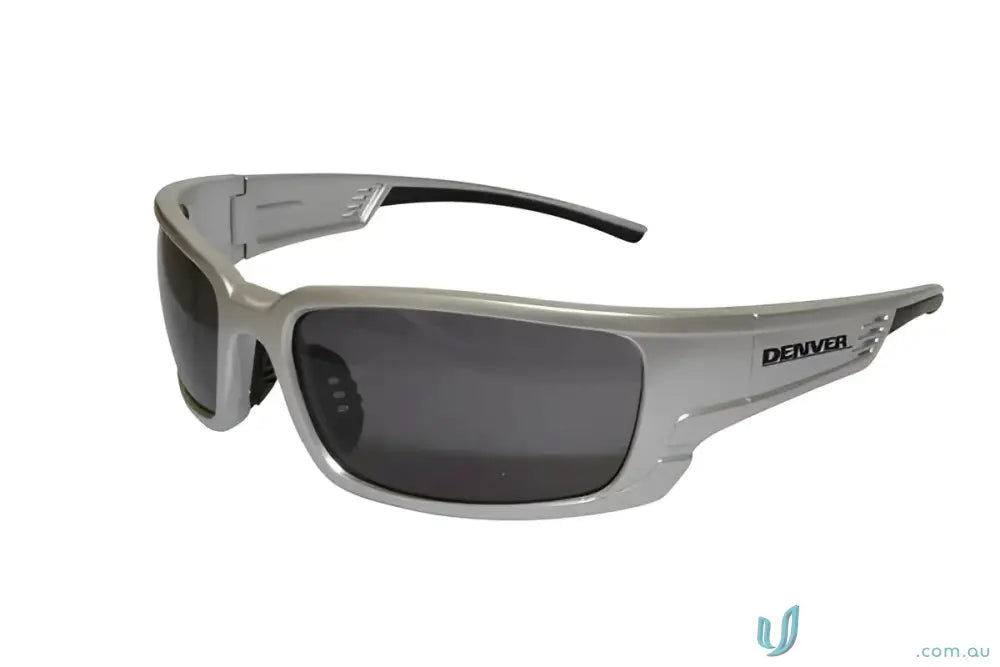 Silver frame sunglasses with dark smoke lenses perfect for stylish safety glasses