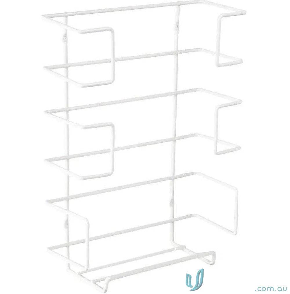 White wire wall rack for work uniforms and workwear organization in the glove dispenser product