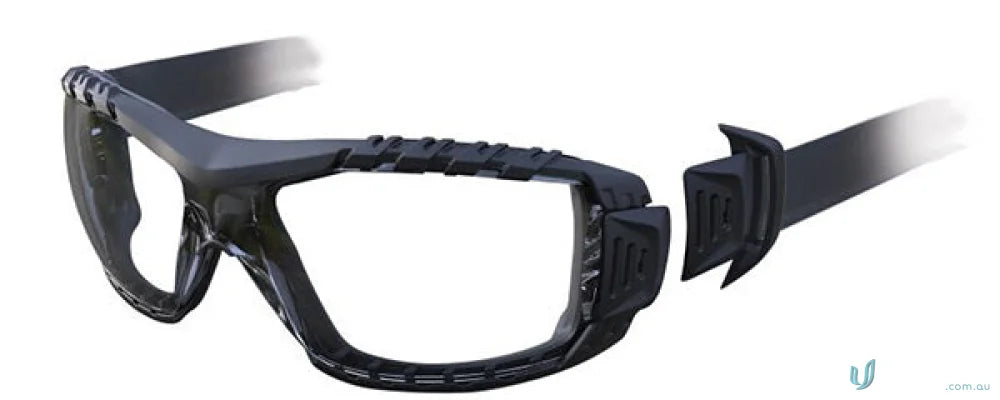 Black evolve safety glasses with glasses headband strap for comfortable wear