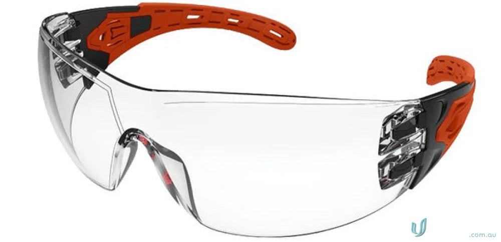 Clear lens safety glasses with orange and black accents for workwear and uniforms