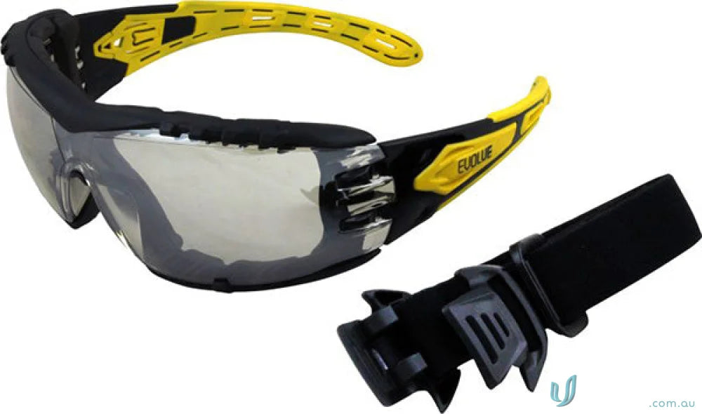 Protective eyewear with yellow accents, black strap, and silver mirror lens for workwear