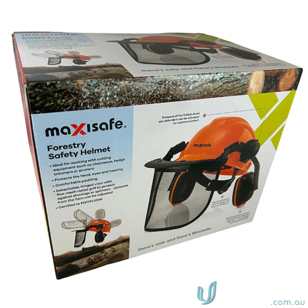 Maxisafe forestry safety helmet with mesh visor in box for workwear and uniforms