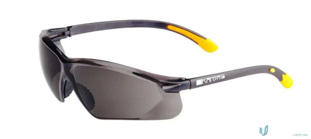 Gray safety glasses with yellow accents featuring anti-fog smoke lens for workwear and uniforms