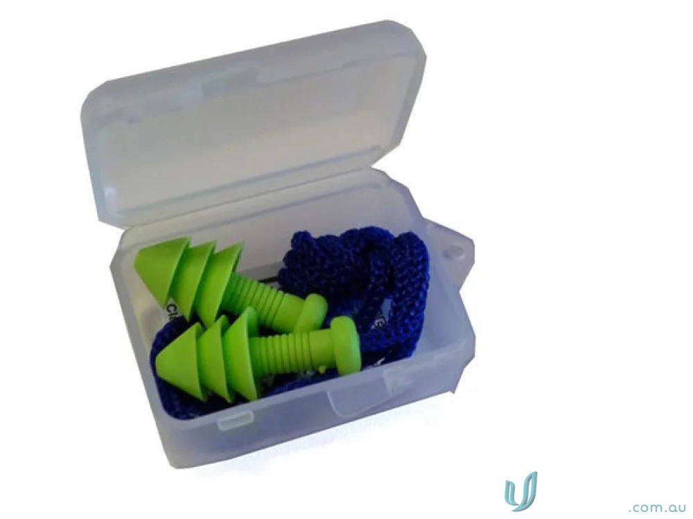 Green corded earplugs in plastic case for maximum noise protection class 4