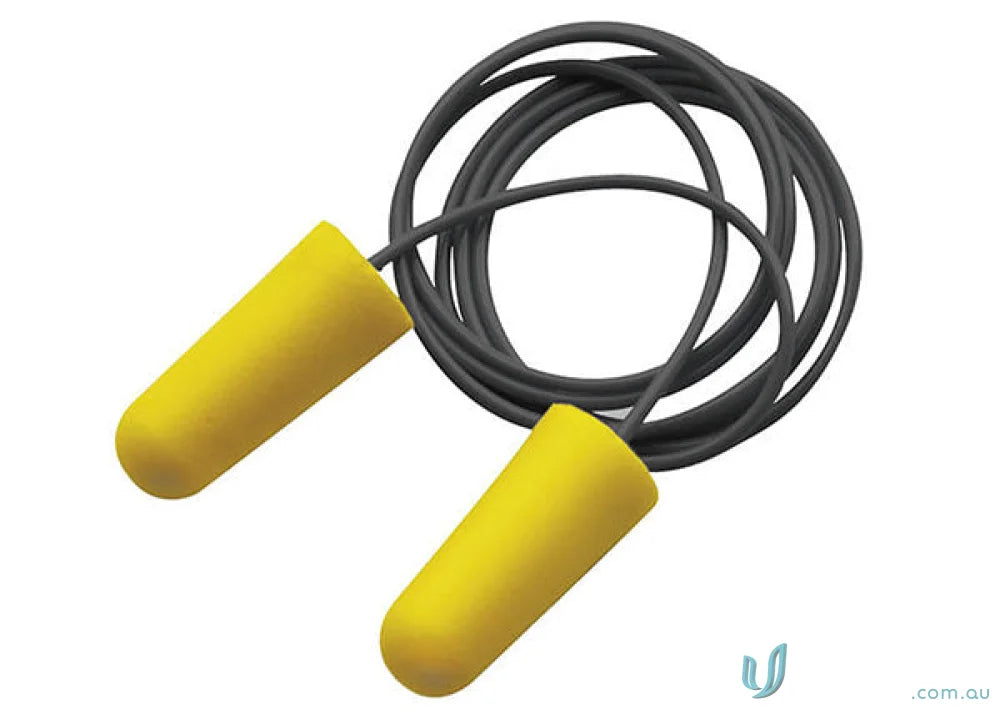Yellow foam earplugs with black cord for workwear, part of lic smk40540 uniforms