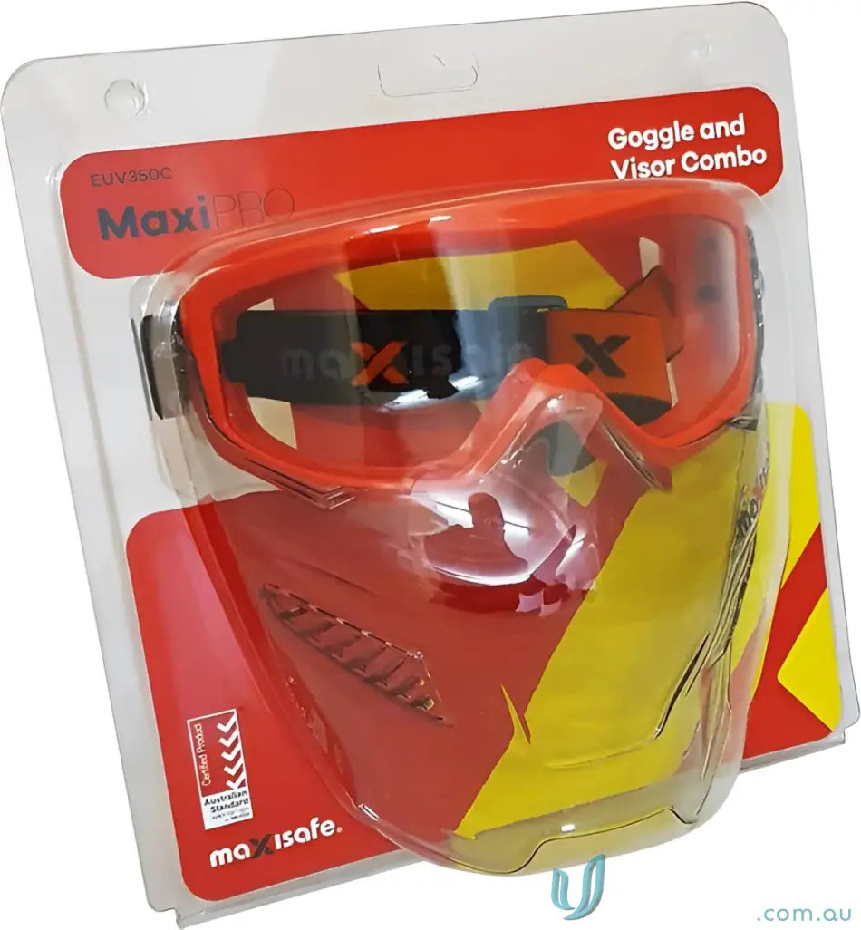 Orange goggle and visor combo in packaging for workwear or uniforms safety gear