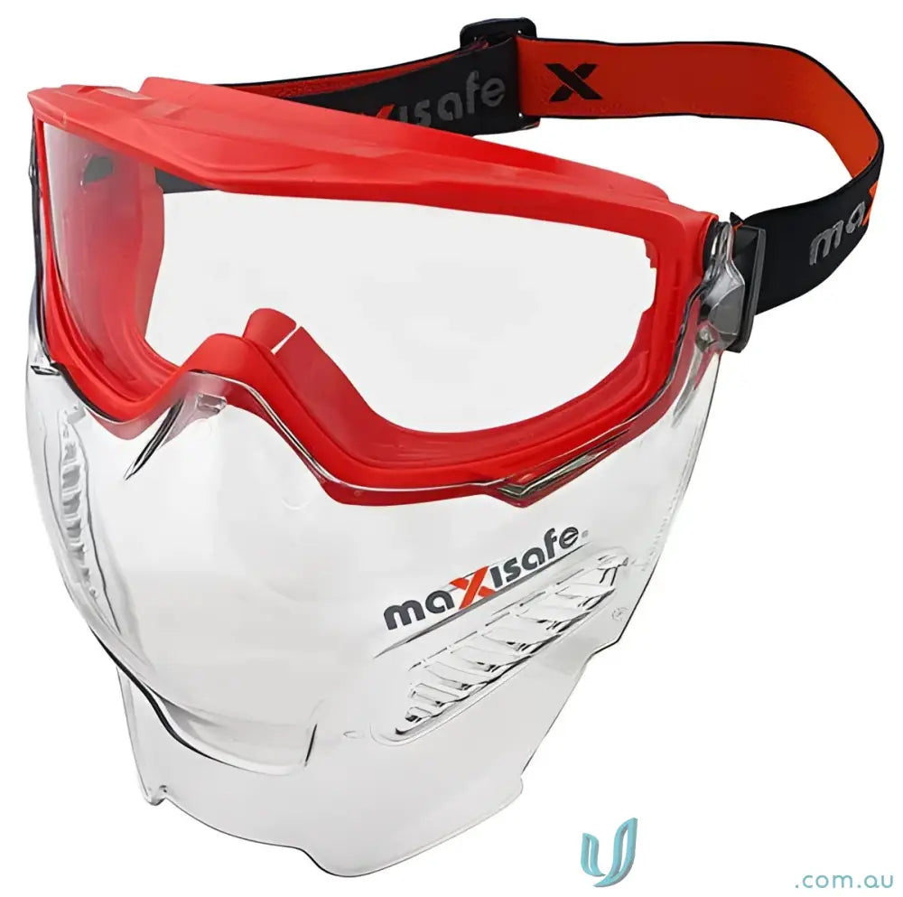 Red-framed clear face shield with adjustable strap for workwear and safety uniforms