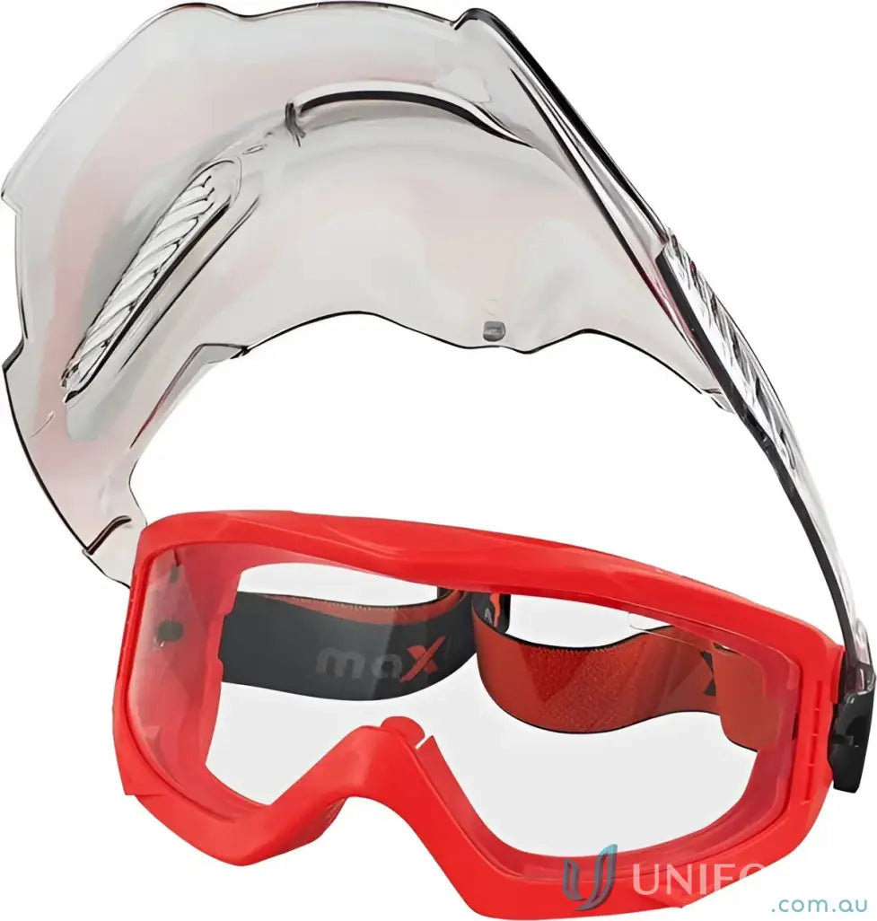 Red-framed goggles with clear face shield from MaxiPRO Safety Goggle & Visor Combo, perfect for work uniforms