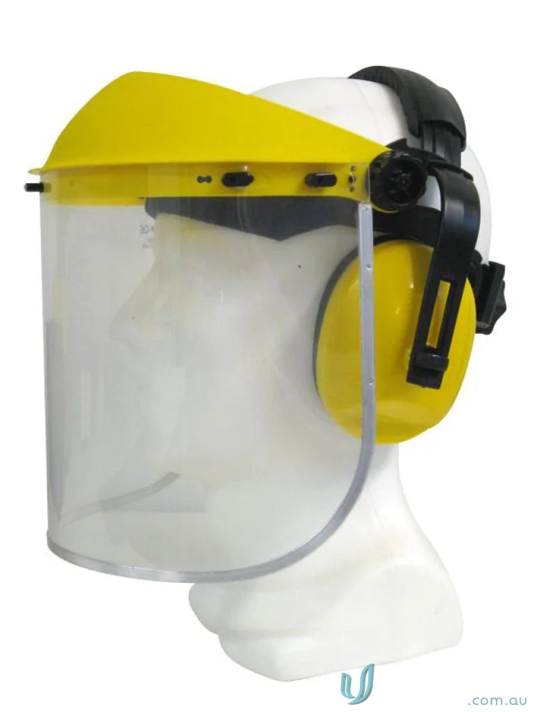 Yellow and clear safety face shield with earmuffs from Maxisafe for work uniforms