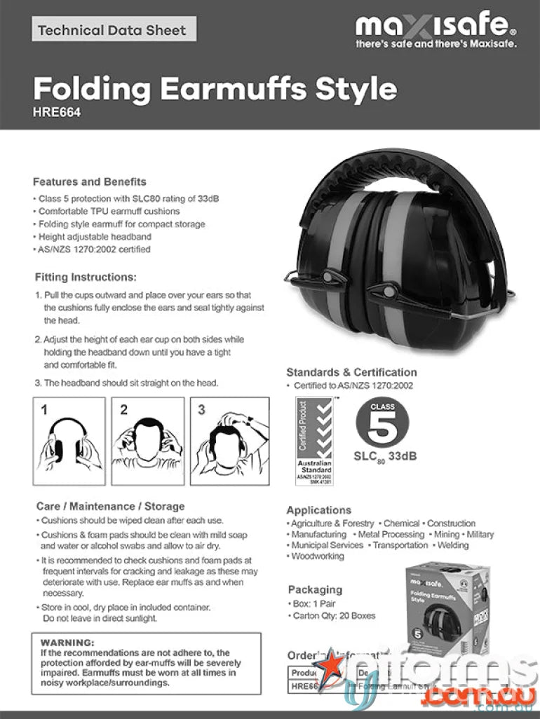 Image of Maxisafe Folding Earmuff 33dB info sheet for workwear and uniforms