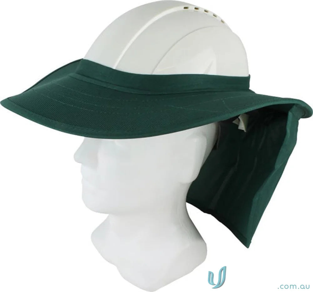 White hard hat with green sun shield and neck flap for work uniforms