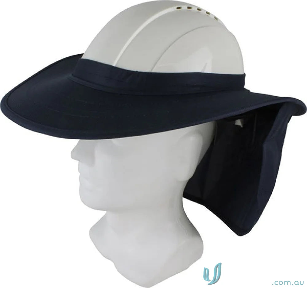 White hard hat with navy brim and neck flap for uniforms and safety protection