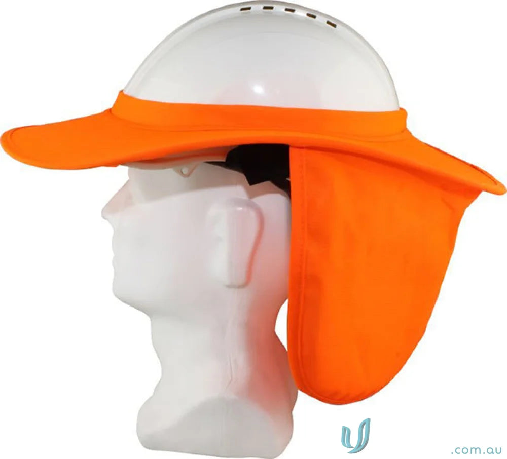 White hard hat with orange sun shield and neck flap for uniforms safety gear