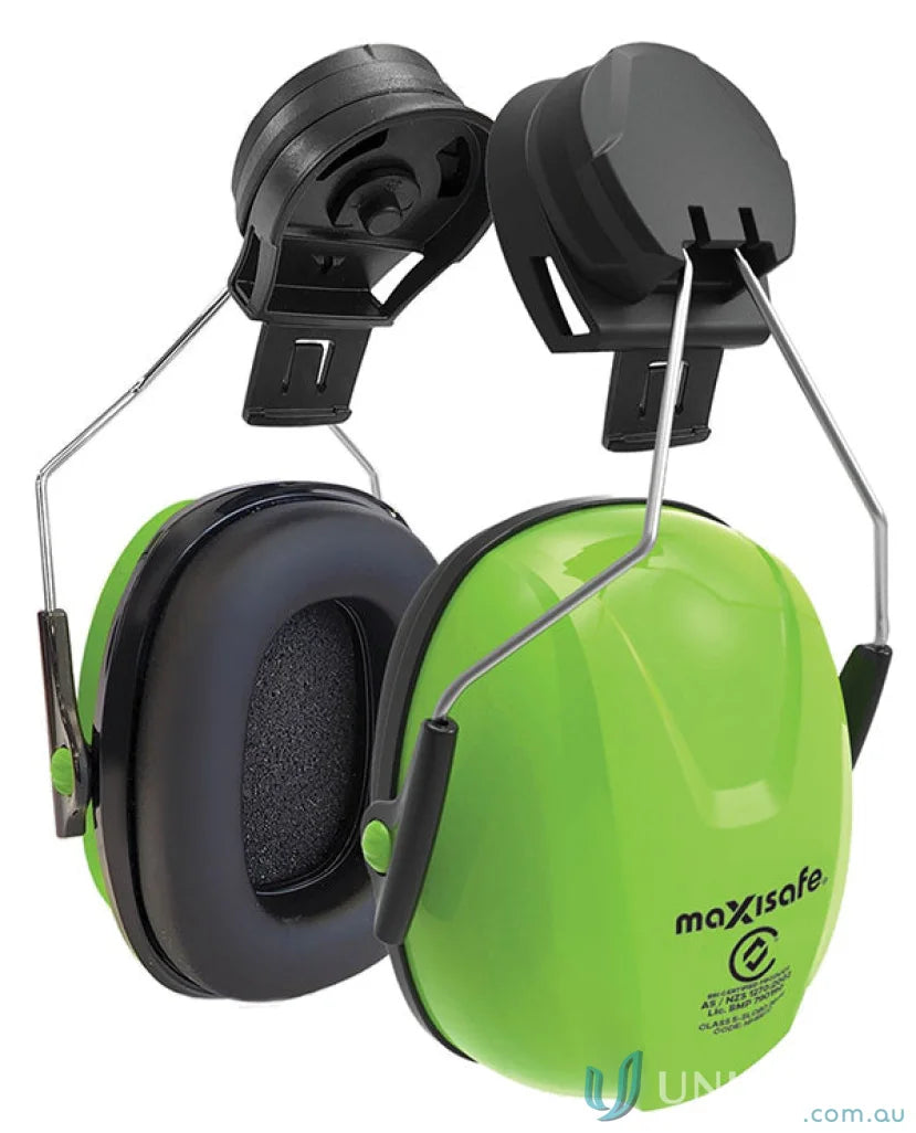 Green and black earmuffs for work uniforms, Maxisafe Helmet Mounted Earmuffs 26dB