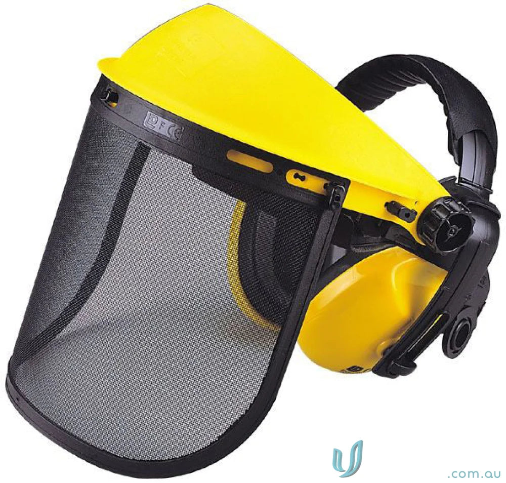 Yellow safety helmet with mesh visor and earmuff for work uniforms safety