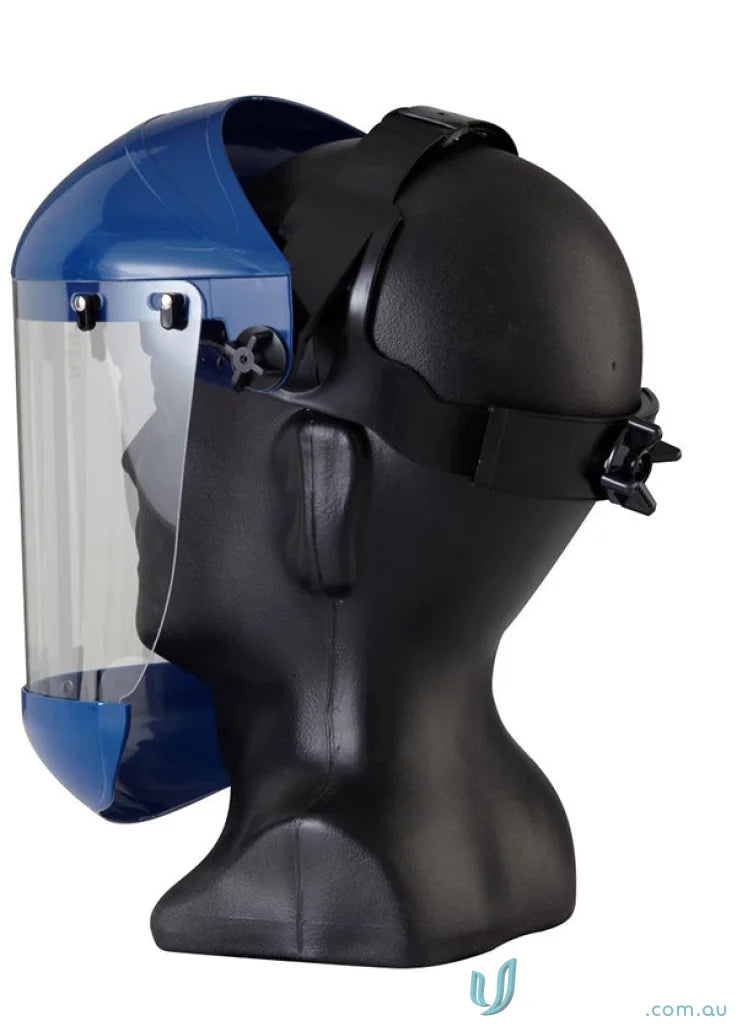 Blue clear faceshield on mannequin head from 1pk Maxisafe, perfect for uniforms workwear