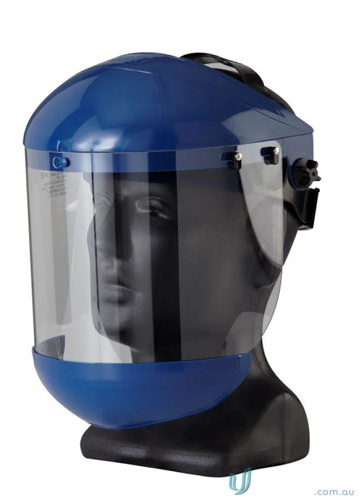 Blue face shield on mannequin head for Maxisafe Professional workwear and replacement shade