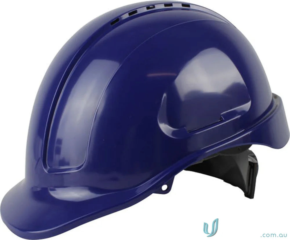 Blue vented hard hat with ratchet harness and long peak for safety workers