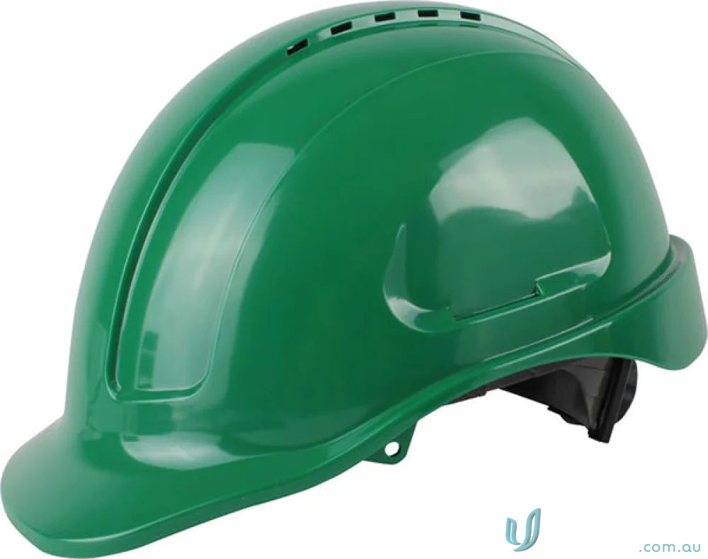 Green vented hard hat with ratchet harness and long peak for safety gear