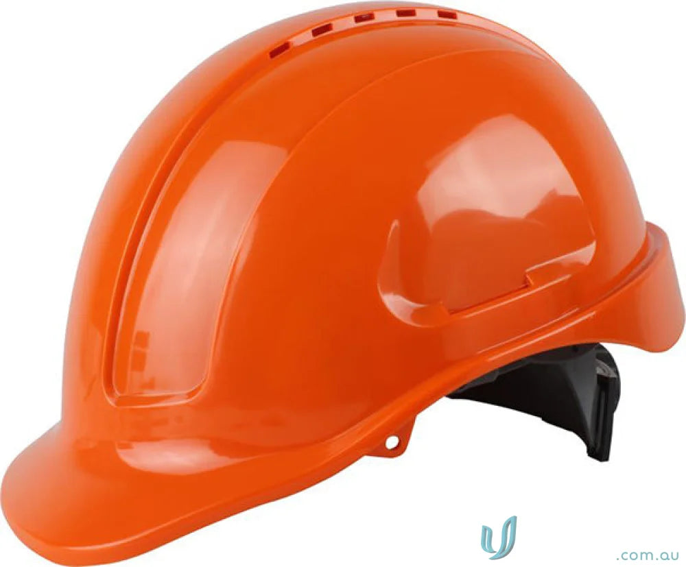 Orange vented hard hat with ratchet harness and long peak for safety on site