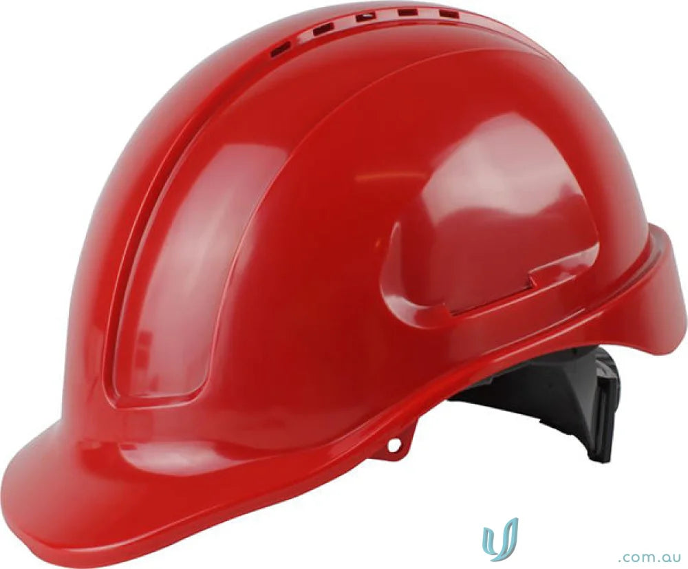 Red vented hard hat with ratchet harness and long peak for safety and comfort