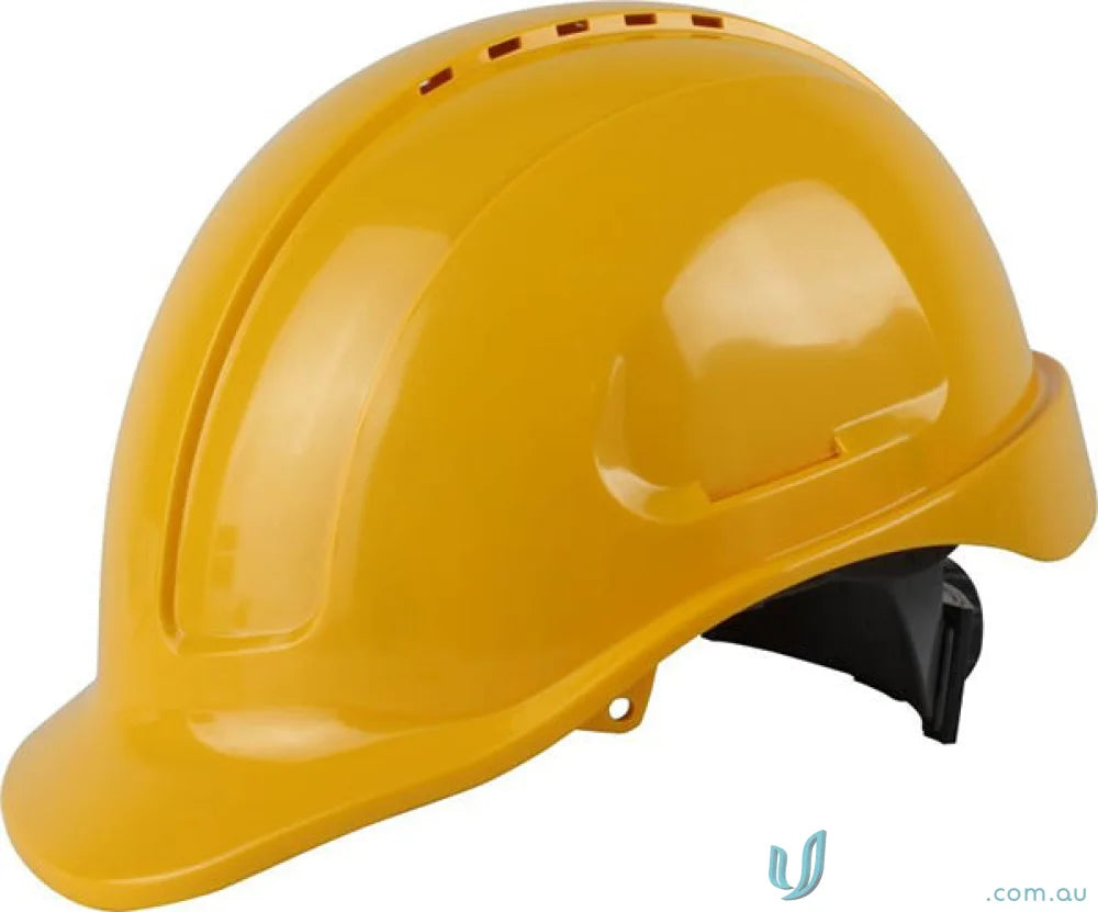 Yellow vented hard hat with ratchet harness and long peak for safety on site