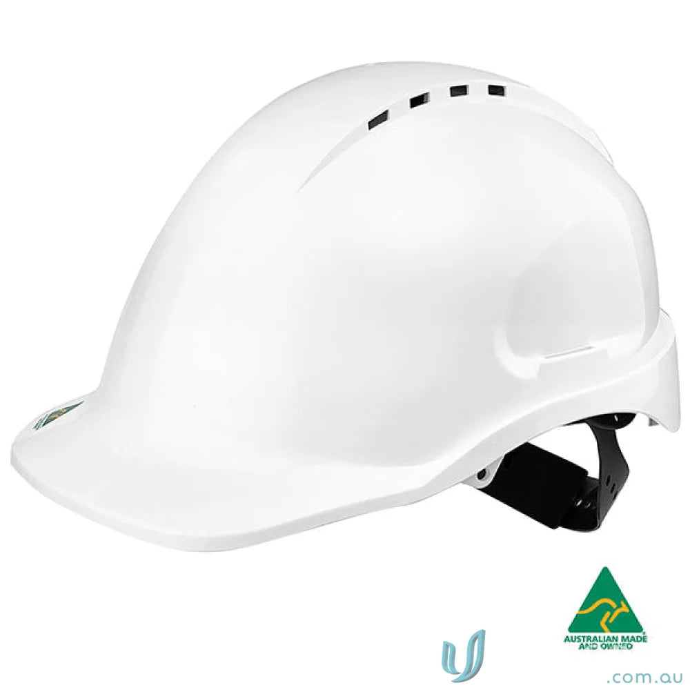 White construction hard hat, vented hard hat with Sliplock Harness for safety