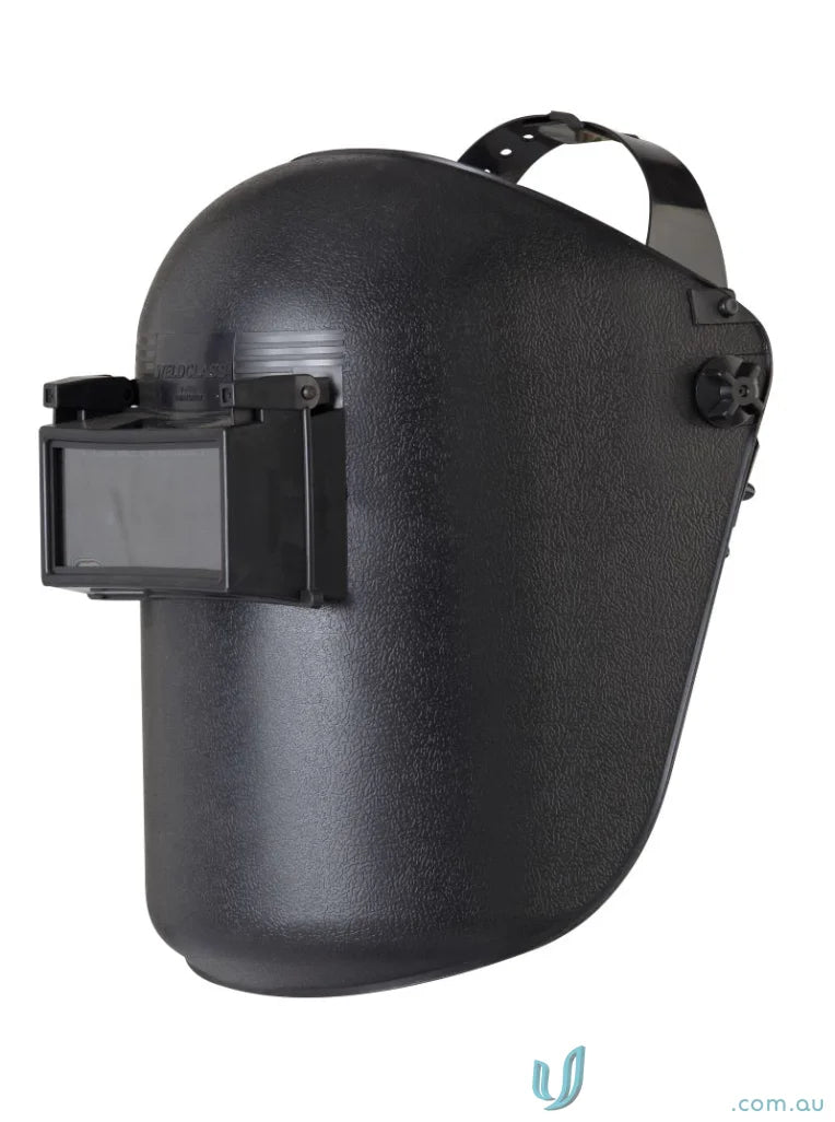 Black welding helmet with adjustable shade and lens for professional welding uniforms