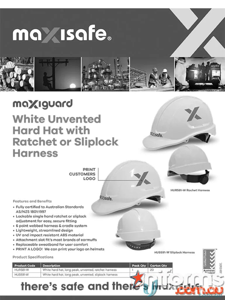 White unvented hard hat from Maxisafe with Sliplock harness for safety and comfort