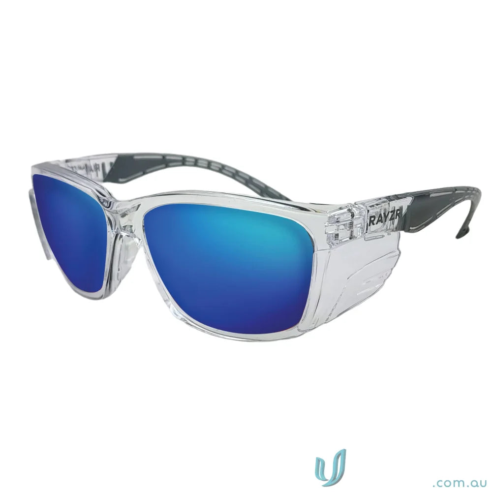 Clear Rayzr Safety Glasses with blue mirror polarised lenses and TPR rubber nosepiece