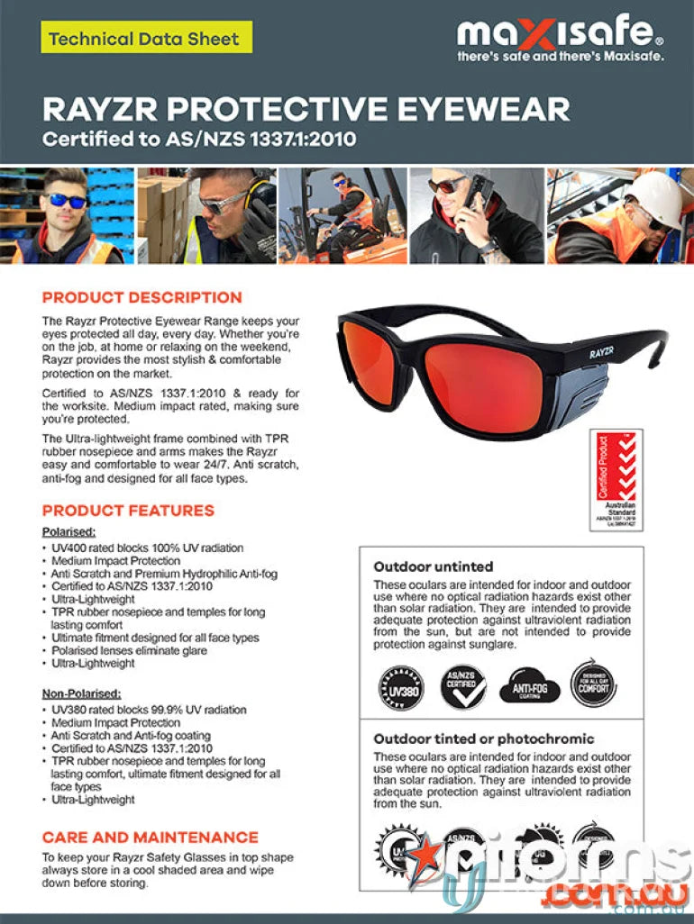 Rayzr protective eyewear data sheet for 1pk Rayzr Safety Glasses with tpr rubber nosepiece