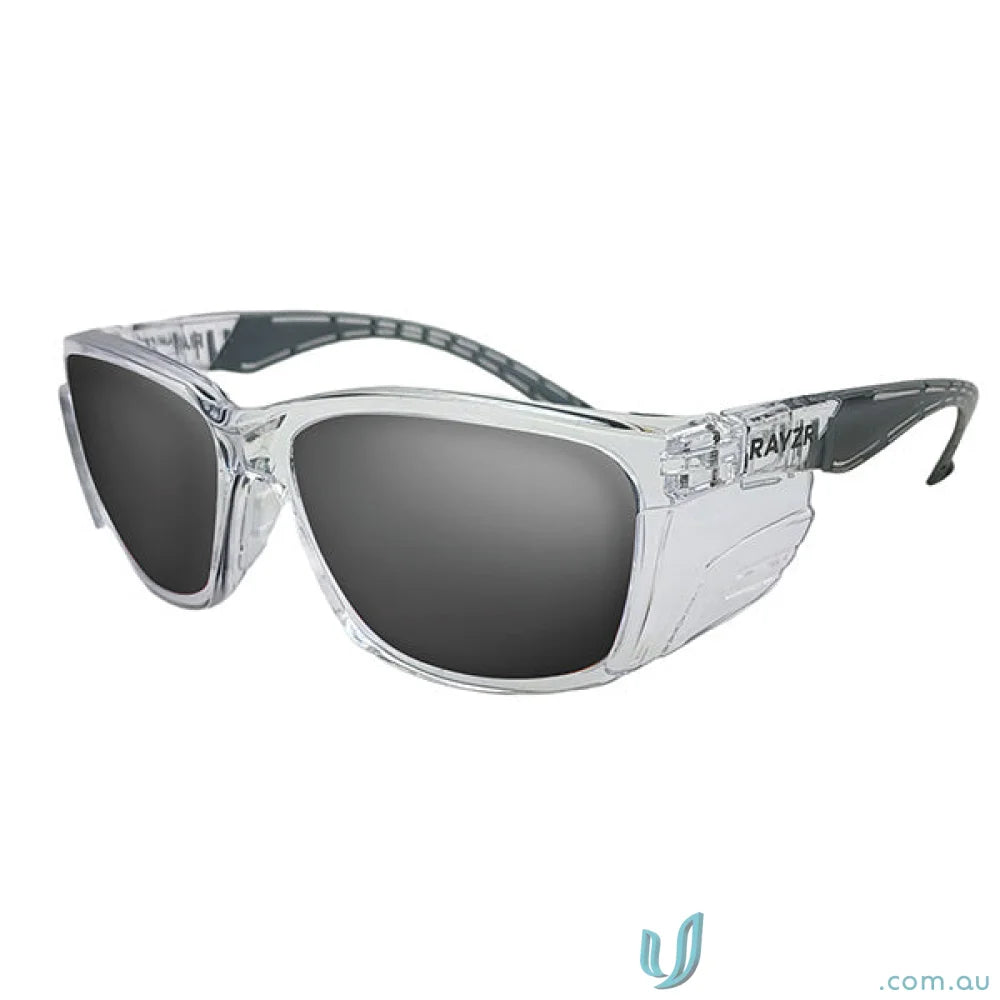 Clear safety glasses with dark lenses, TPR rubber nosepiece, medium impact, anti scratch face