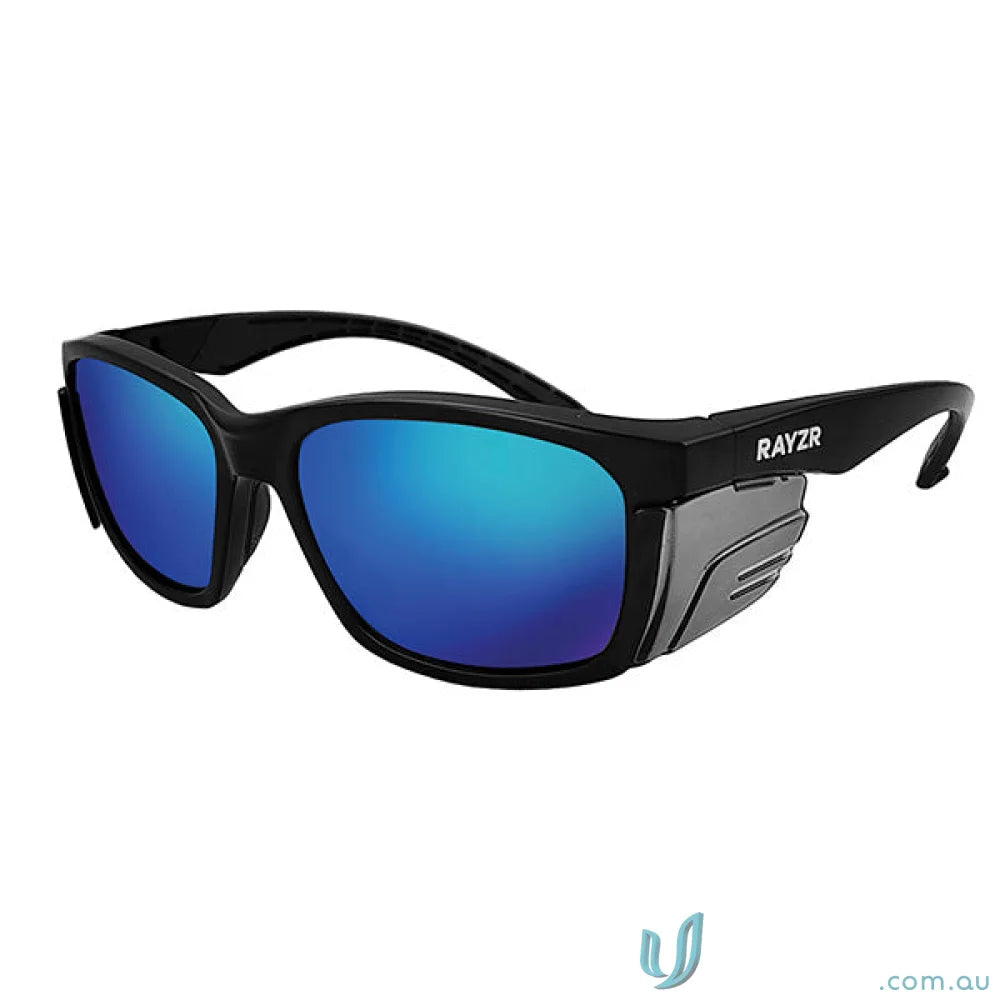 Black Rayzr Safety sunglasses with blue mirrored lenses and anti scratch TPR rubber nosepiece