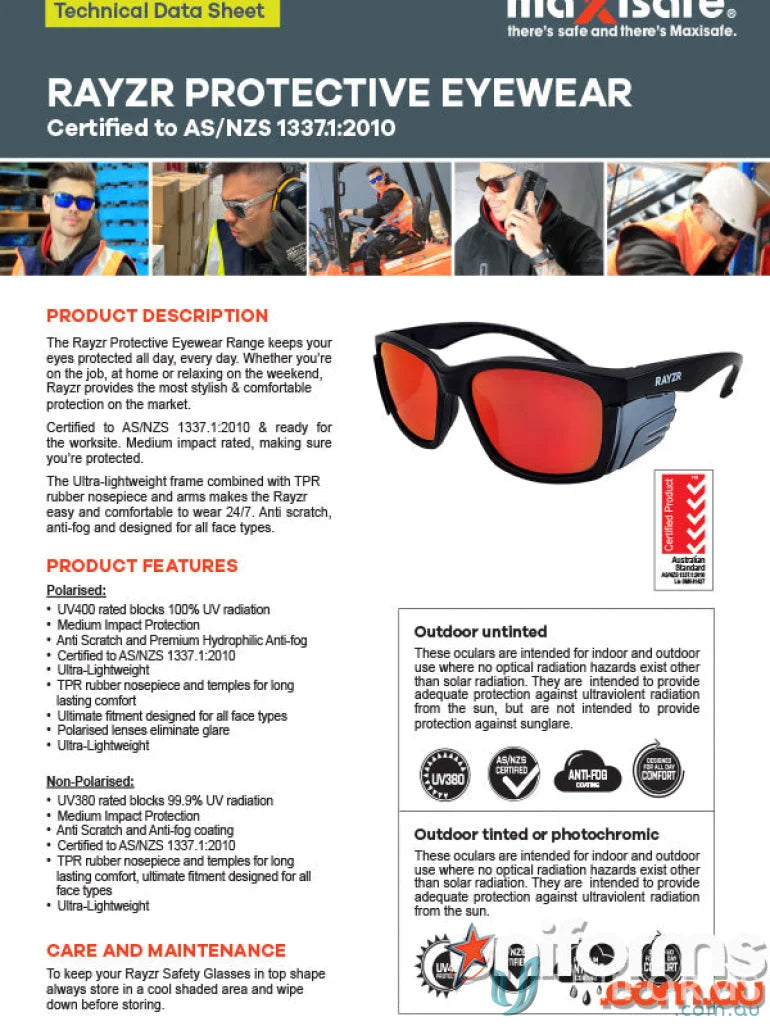 Rayzr safety glasses product sheet featuring tpr rubber nosepiece and anti scratch face