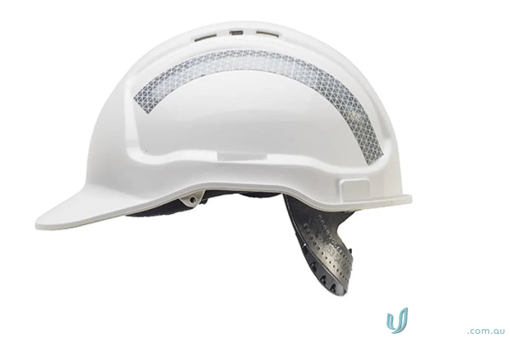 White hard hat with reflective stripe from 1pk Reflective Tape Kit for Helmet for workwear