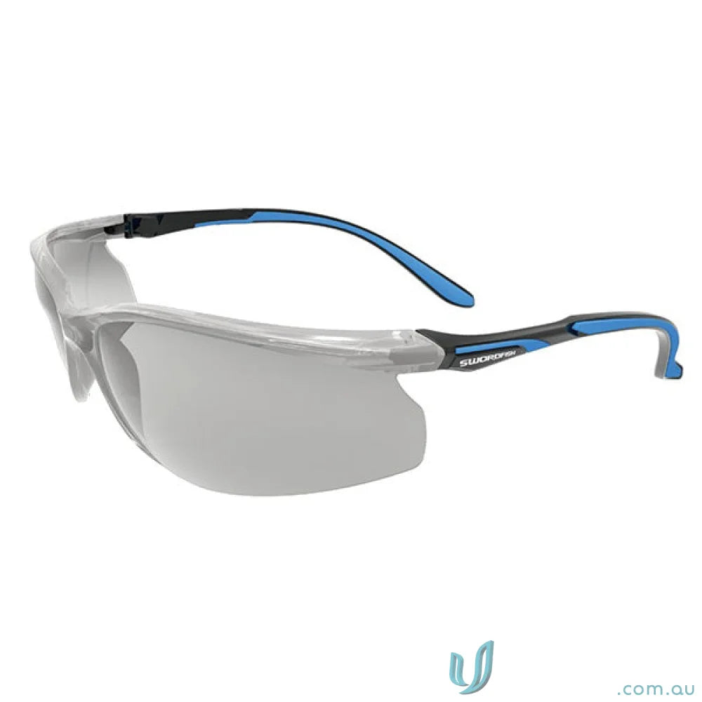 Gray safety glasses with blue and black accents, perfect for workwear and clear lens safety