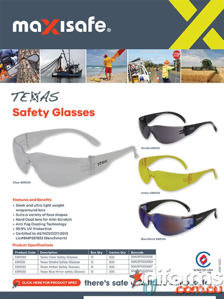 Texas Safety Glasses with anti fog clear lenses for workwear and uniforms safety