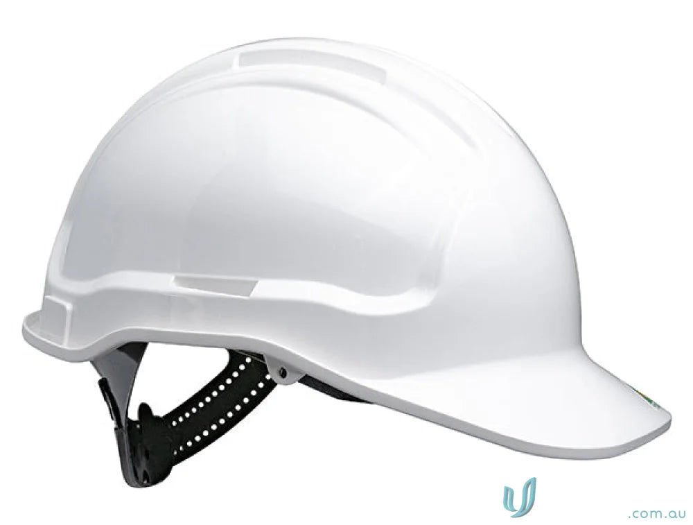 White hard hat with Sliplock Harness for the perfect work uniforms safety gear