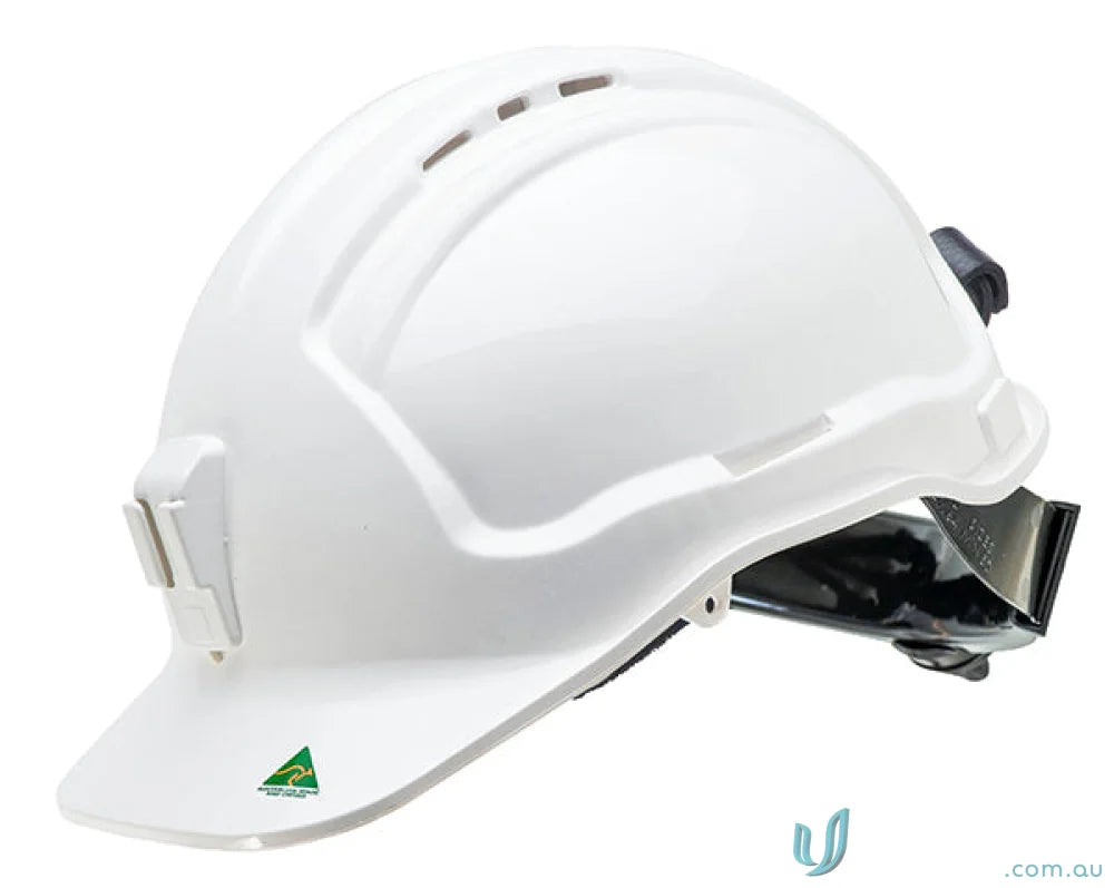 White vented hard hat with plastic lamp bracket and ratchet harness for safety