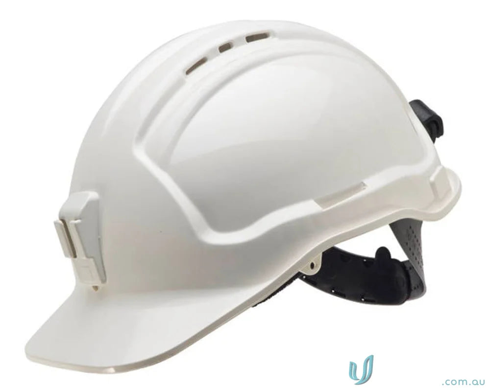 White vented hard hat with sliplock harness and plastic lamp bracket for safety