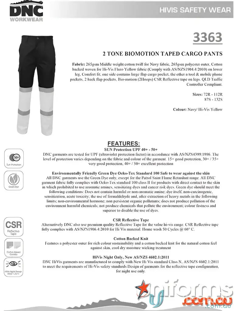 Two-tone Hi-Vis Biomotion Taped Cargo Pants for high visibility and safety