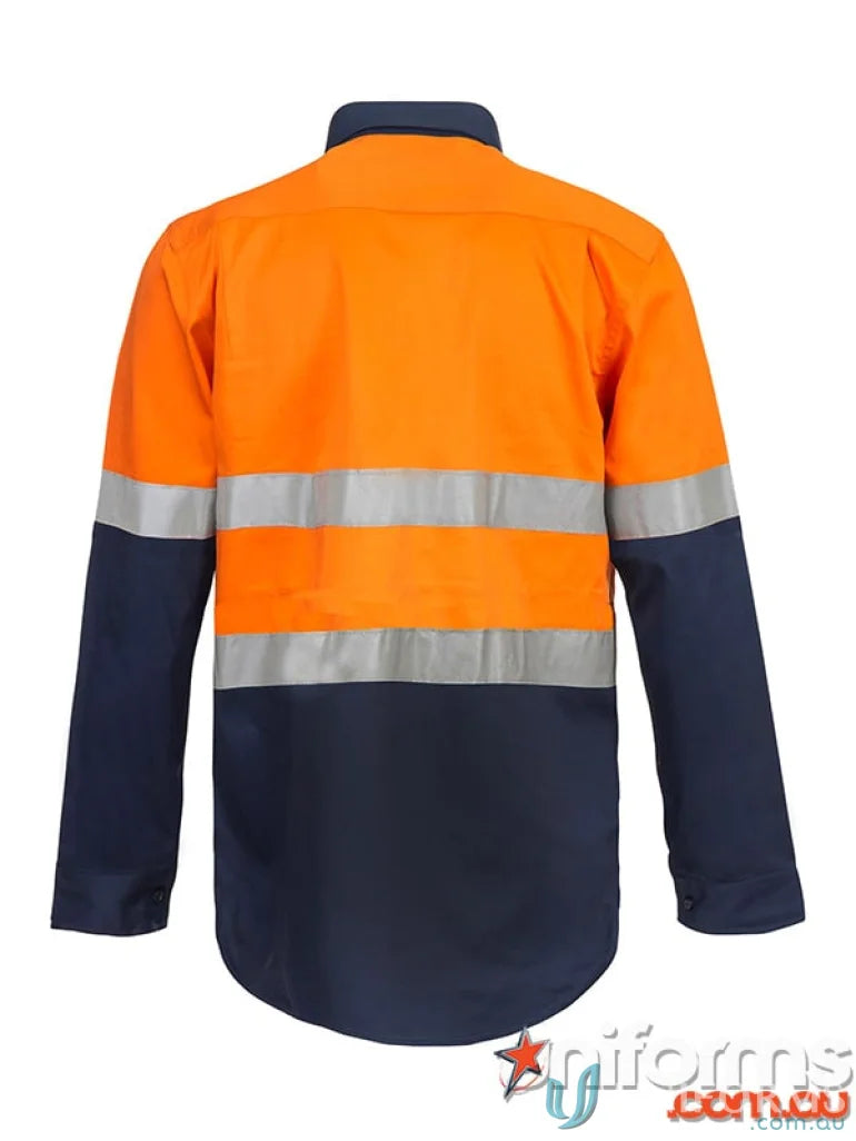 Orange and navy blue reflective work jacket with half placket and tape for uniforms
