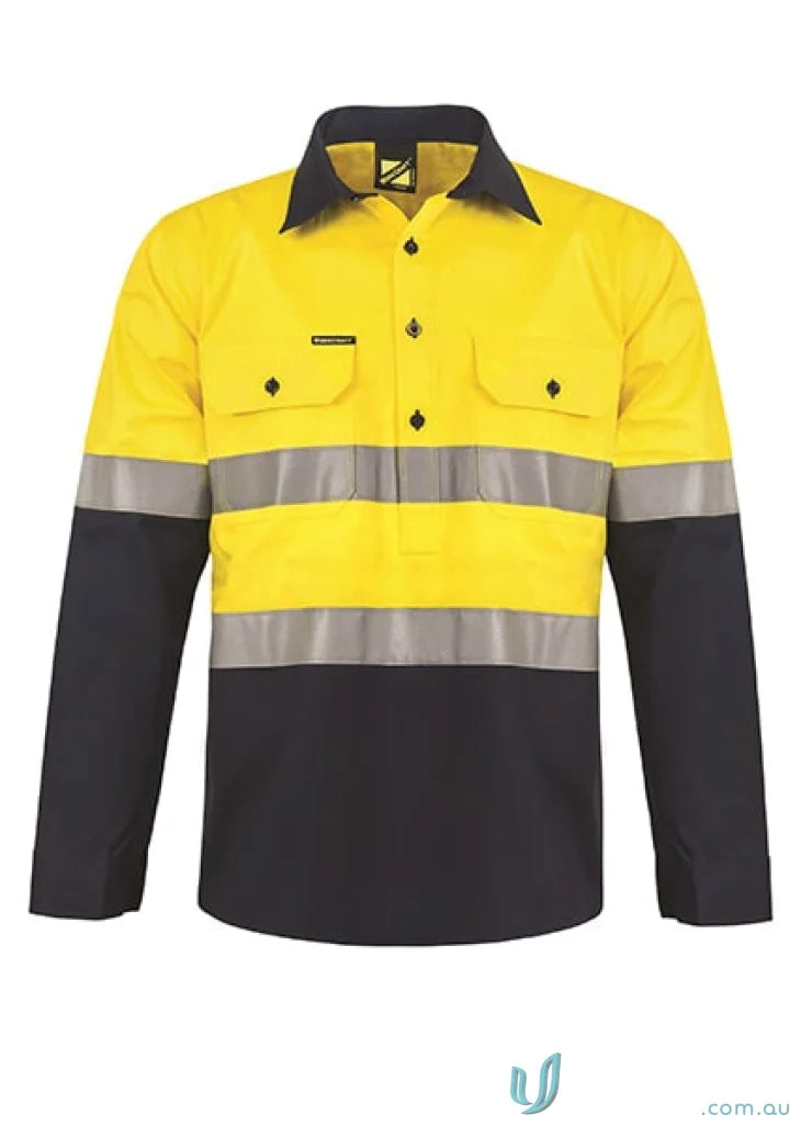 Yellow and black long-sleeved work shirt with half placket and reflective tape for uniforms
