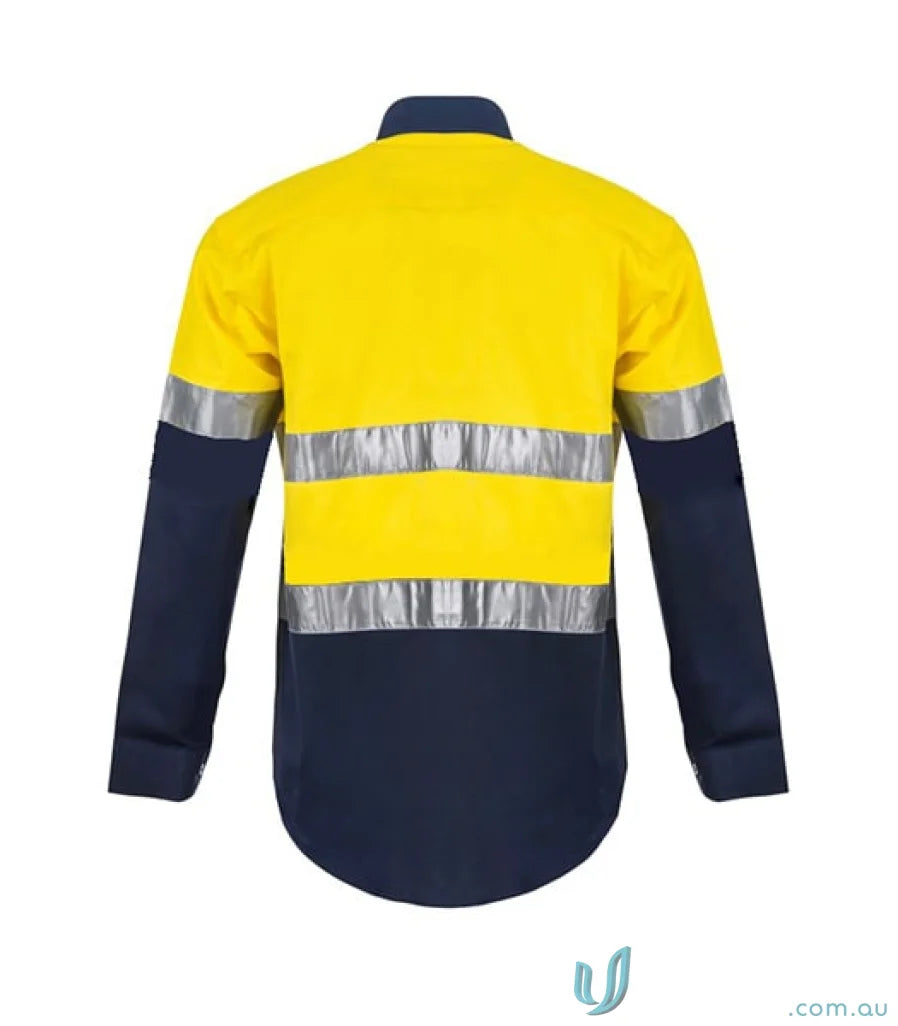 Yellow and navy blue reflective work shirt with half placket and tape for uniforms