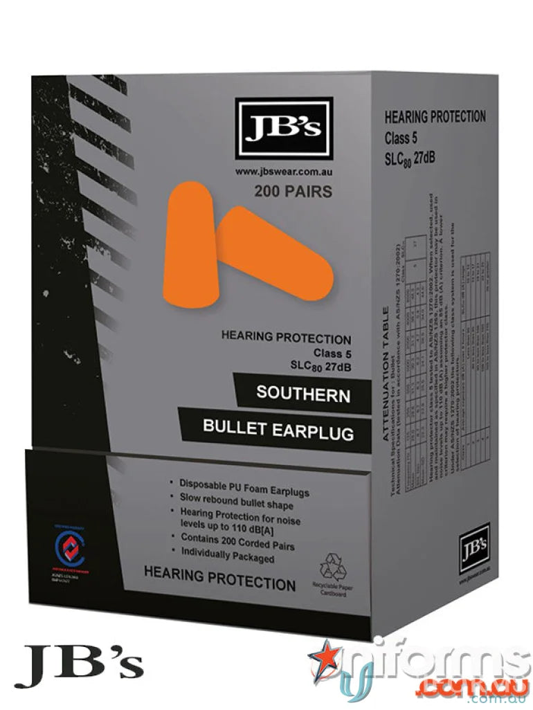Box of orange bullet earplugs for workwear and uniforms, 200 pack Southern Bullet Ear Plugs