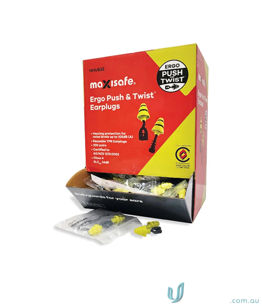 Yellow earplugs in box for work uniforms or workwear protection - 200pk Ergo Push & Twist