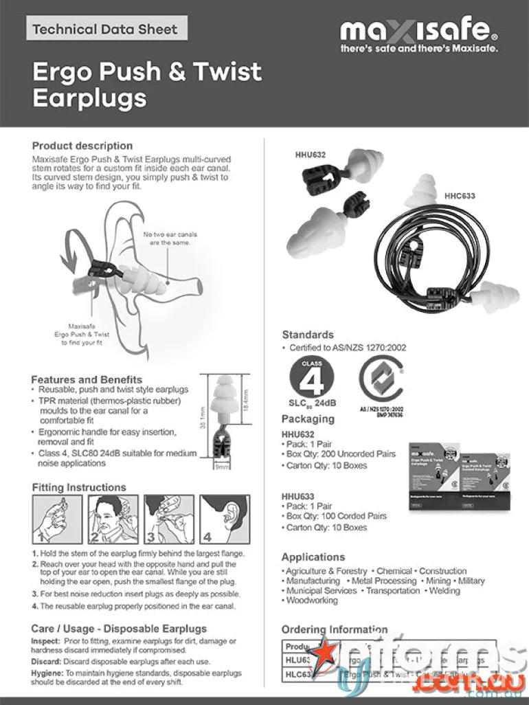 Maxisafe Ergo Push & Twist Earplugs product sheet for work uniforms and safety gear