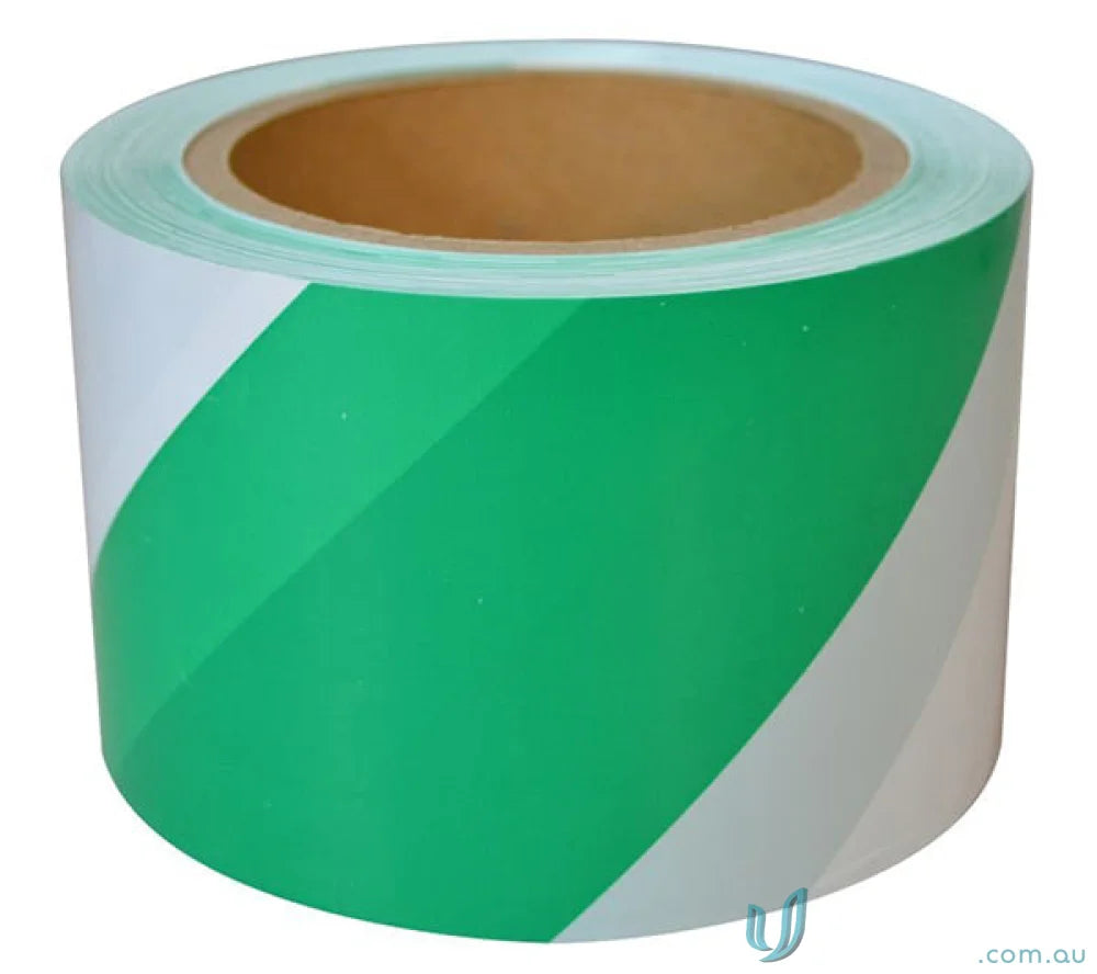Green and white striped tape roll for barricades, great for work uniforms or workwear