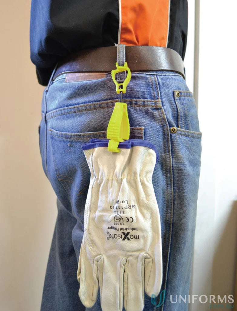 Maxisafe glove clip with work gloves hanging from a belt for uniforms and workwear